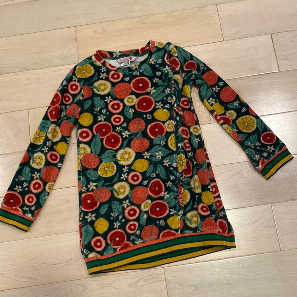 Boboli girls soft velour cotton stretch fruits print ruffle trim dress